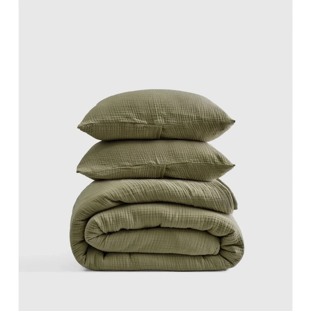 NWOT Quince King Cal King Gauze Organic Cotton Olive Quilt 2 Shams Olive